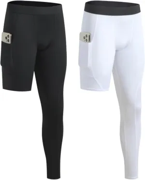 2 Pack Men's Compression Pants Single Leg Tight Sports Long Pants with Pockets for Basketball Base Layer Leggings