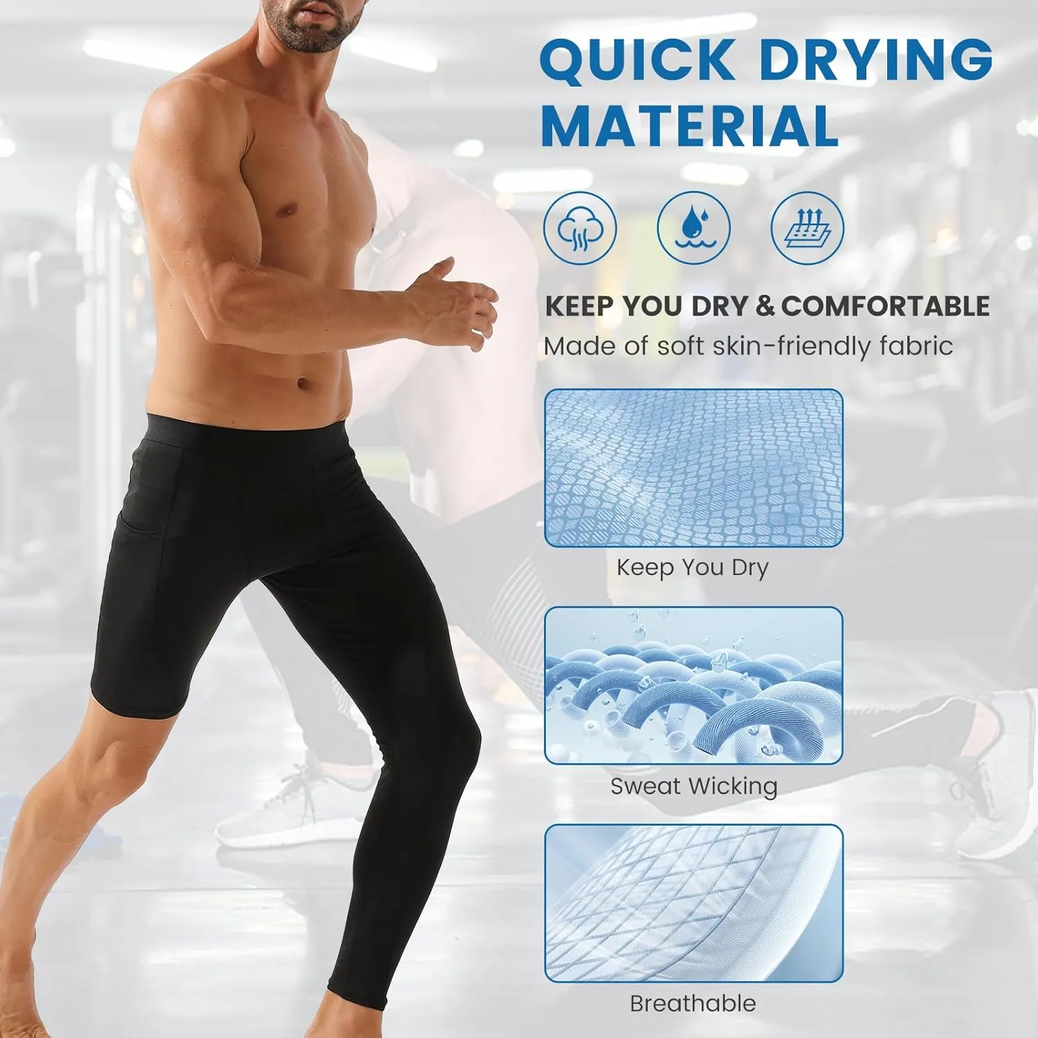 2 Pack Men's Compression Pants Single Leg Tight Sports Long Pants with Pockets for Basketball Base Layer Leggings