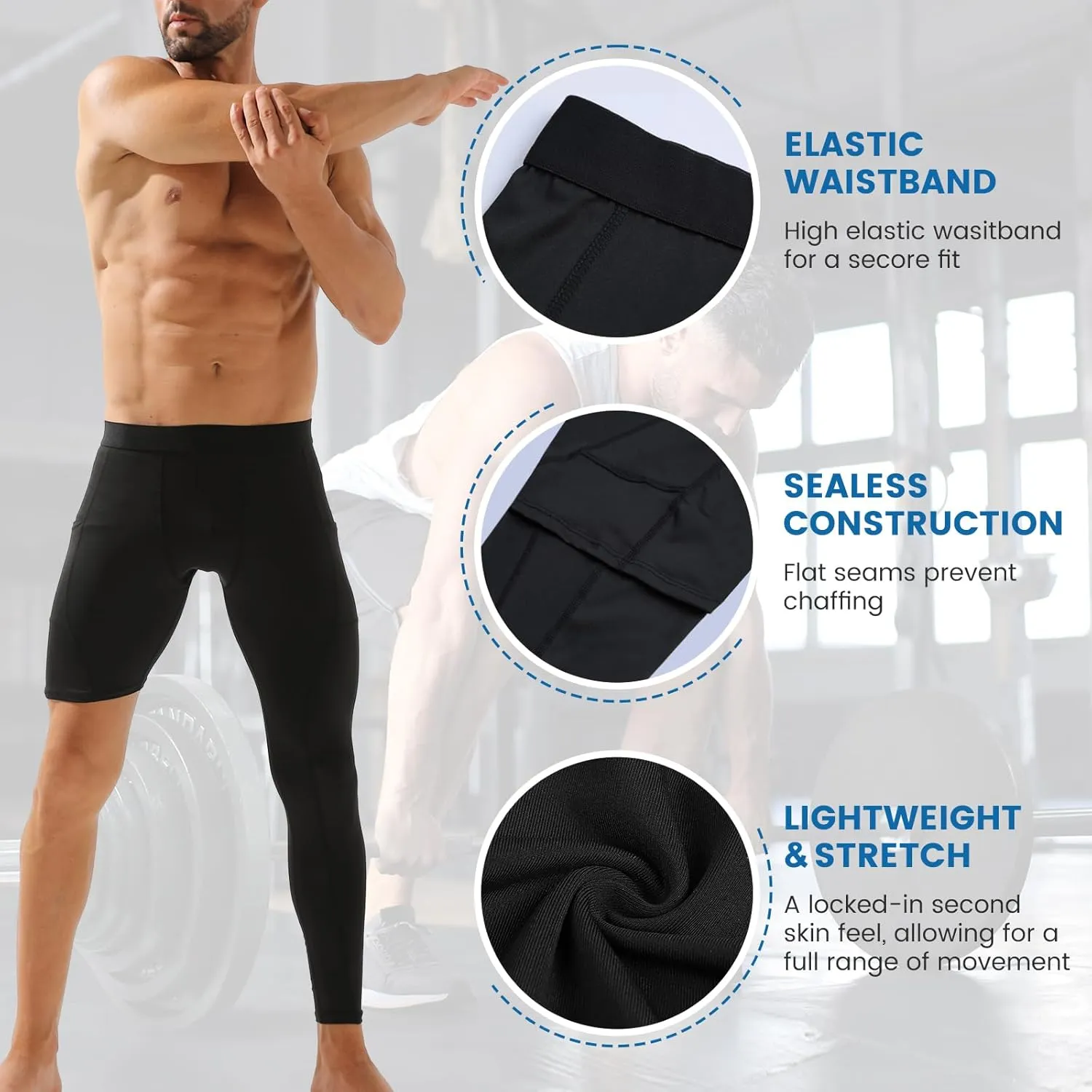 2 Pack Men's Compression Pants Single Leg Tight Sports Long Pants with Pockets for Basketball Base Layer Leggings