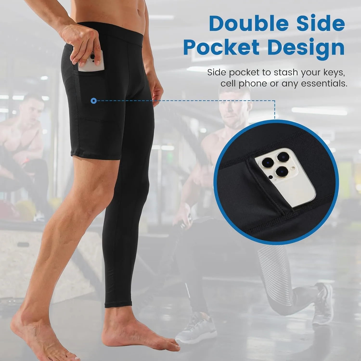 2 Pack Men's Compression Pants Single Leg Tight Sports Long Pants with Pockets for Basketball Base Layer Leggings