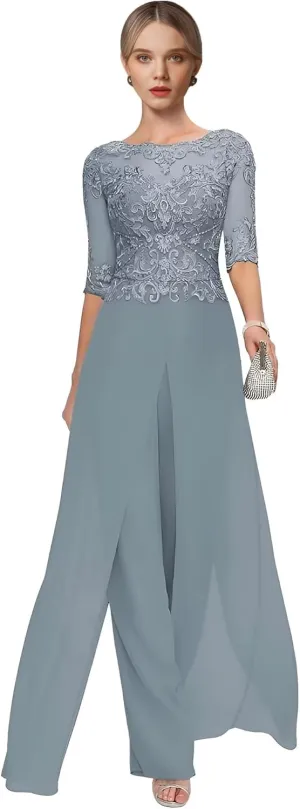 2 Pieces Mother of The Bride Pant Suits for Wedding Lace Chiffon Pantsuit for Women Dressy Casual