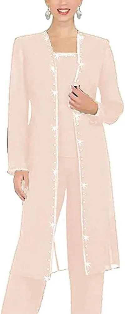 3 PC Chiffon Beaded Pant Suits Plus Size Mother of The Bride Wedding Formal Evening Groom Gowns