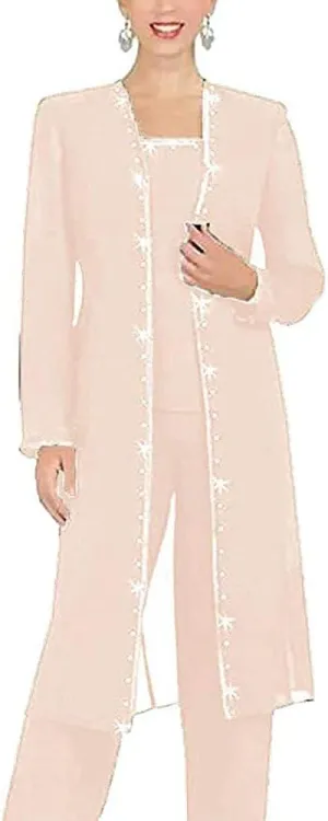 3 PC Chiffon Beaded Pant Suits Plus Size Mother of The Bride Wedding Formal Evening Groom Gowns
