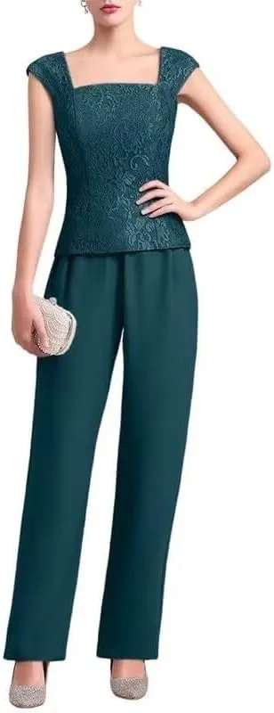 3 Pieces Mother of The Bride Dresses Pant Suits for Women Chiffon Lace Formal Outfit Evening Dress with Jacket
