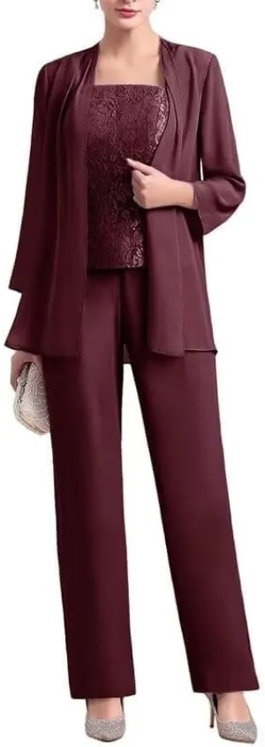 3 Pieces Mother of The Bride Dresses Pant Suits for Women Chiffon Lace Formal Outfit Evening Dress with Jacket