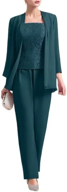 3 Pieces Mother of The Bride Dresses Pant Suits for Women Chiffon Lace Formal Outfit Evening Dress with Jacket