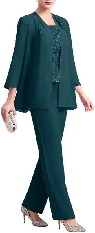 3 Pieces Mother of The Bride Dresses Pant Suits for Women Chiffon Lace Formal Outfit Evening Dress with Jacket