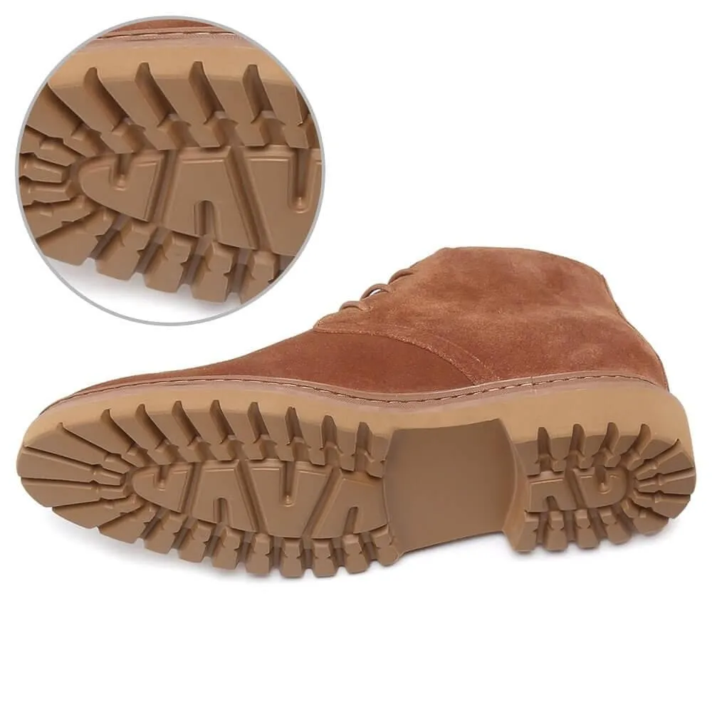 7CM / 2.76 Inches - CMR CHAMARIPA Men's Elevator Shoes Brown Suede Leather Fur Lining Chukka Height Increasing Winter Boots