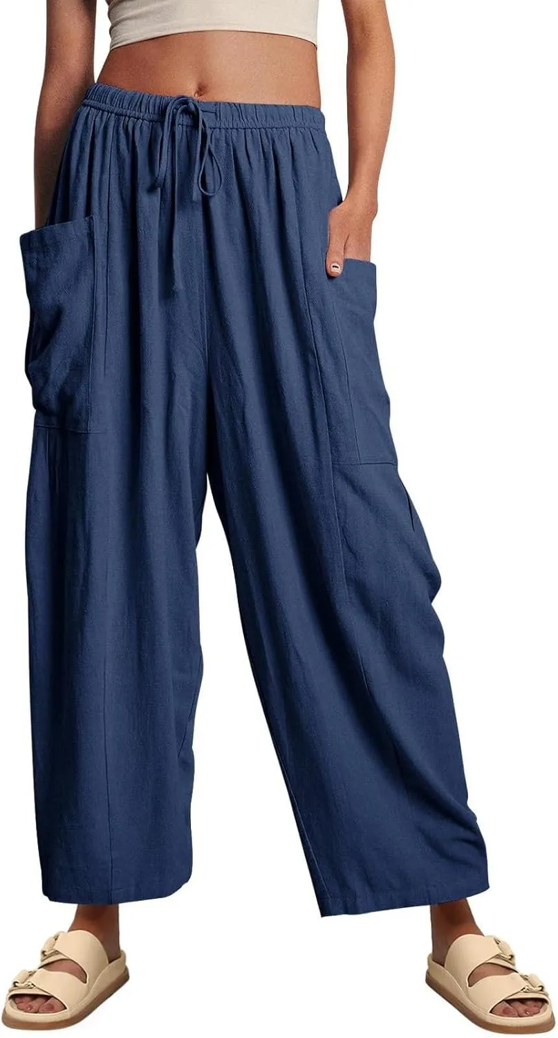 ABAFIP Women's Linen Palazzo Pants Summer Drawstring High Waisted Wide Leg Baggy Harem Pants with Pockets