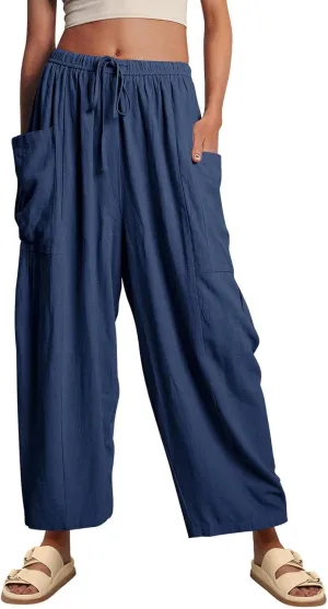 ABAFIP Women's Linen Palazzo Pants Summer Drawstring High Waisted Wide Leg Baggy Harem Pants with Pockets