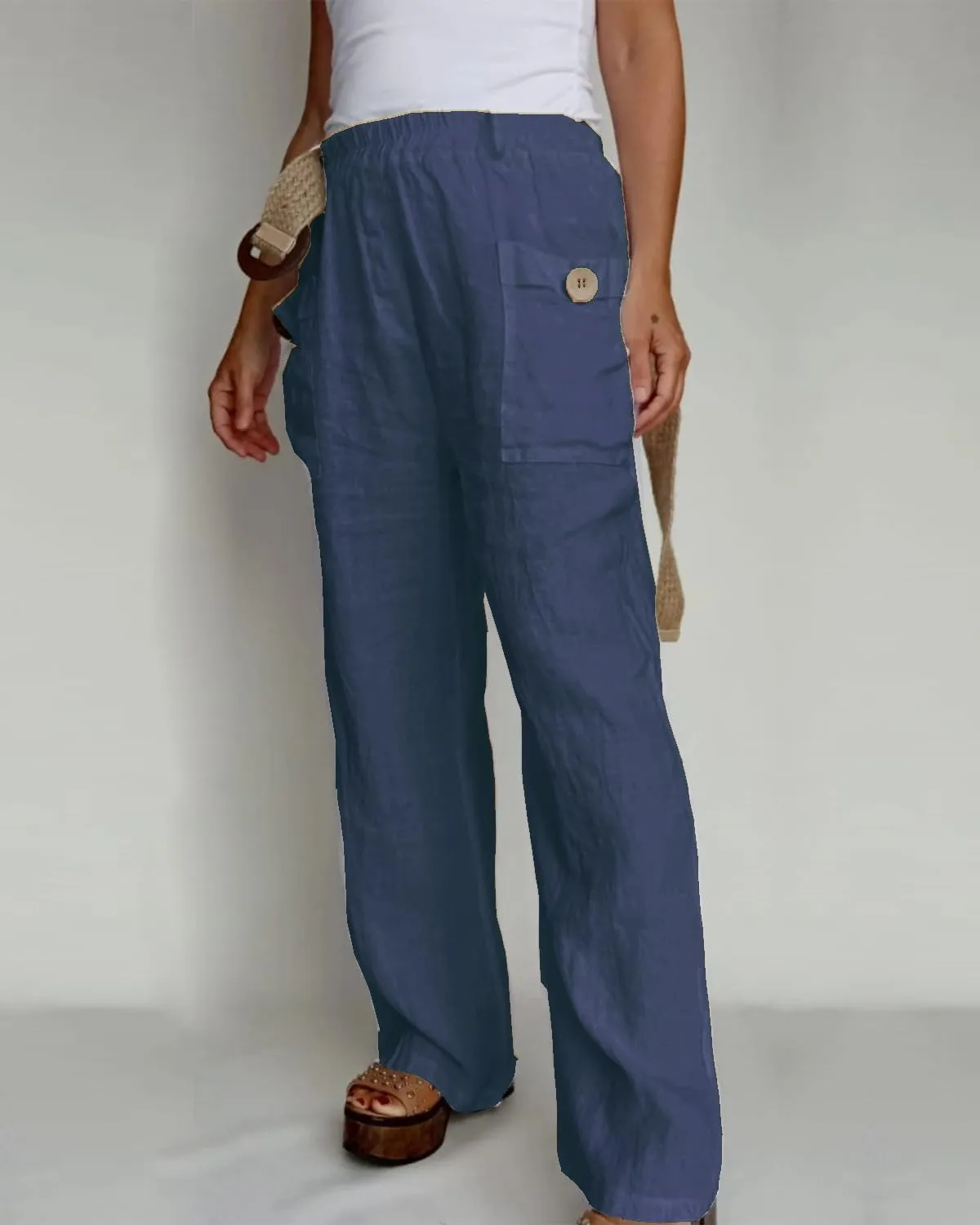 Akivide Women Loose Linen Pant High Waist Wide Leg Comfy Pant Summer Casual Beach Flowy Vacation Capri Trouser with Pocket
