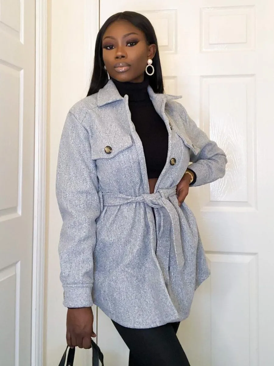 Alix Oversized Thick Belted Shacket In Grey