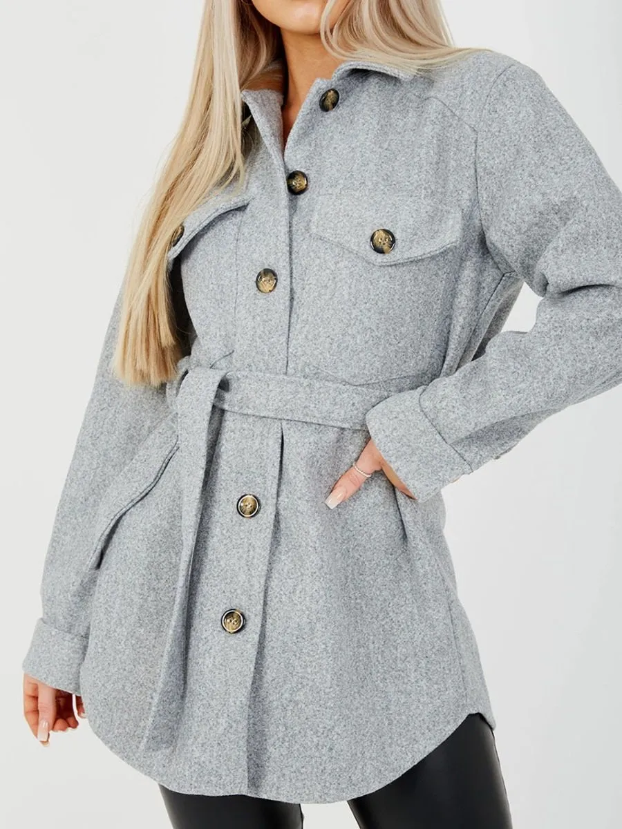 Alix Oversized Thick Belted Shacket In Grey