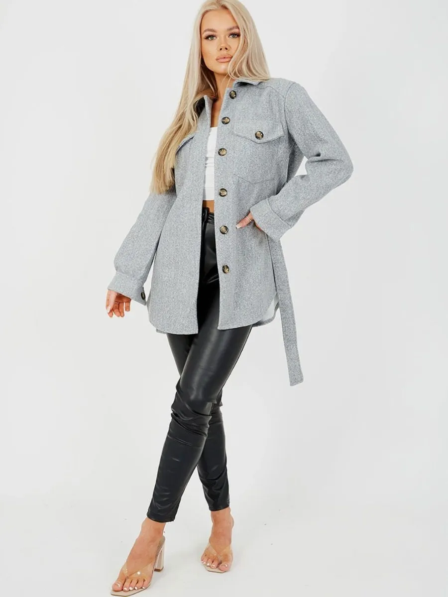 Alix Oversized Thick Belted Shacket In Grey
