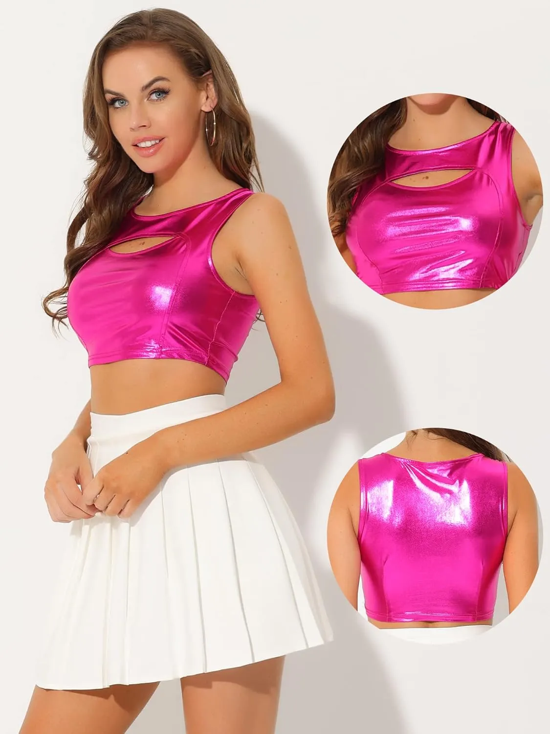 Allegra K Metallic Crop Top for Women's Sleeveless Cut Out Party Clubwear Holographic Tank Tops