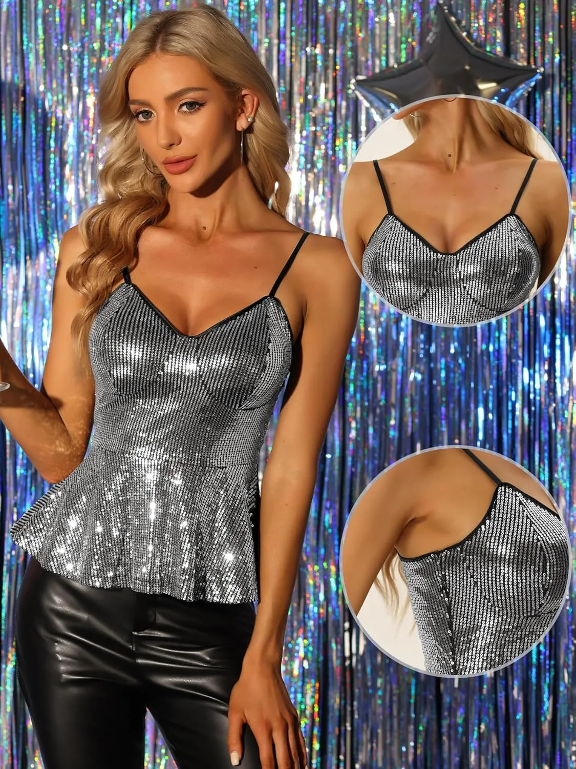 Allegra K Sequin Sparkle Tank Top for Women's V Neck Ruffle Camisole Sleeveless Peplum Tops