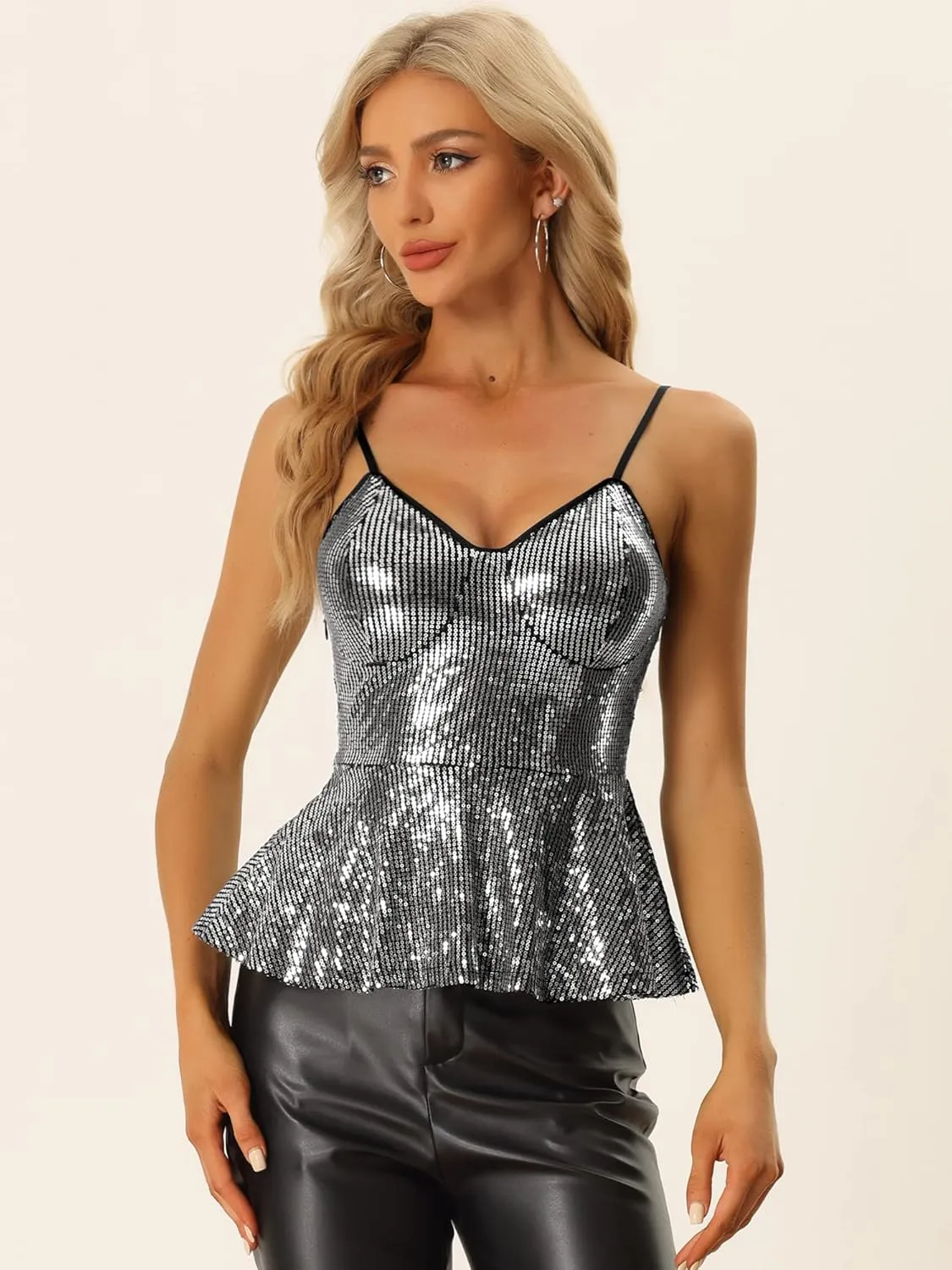 Allegra K Sequin Sparkle Tank Top for Women's V Neck Ruffle Camisole Sleeveless Peplum Tops