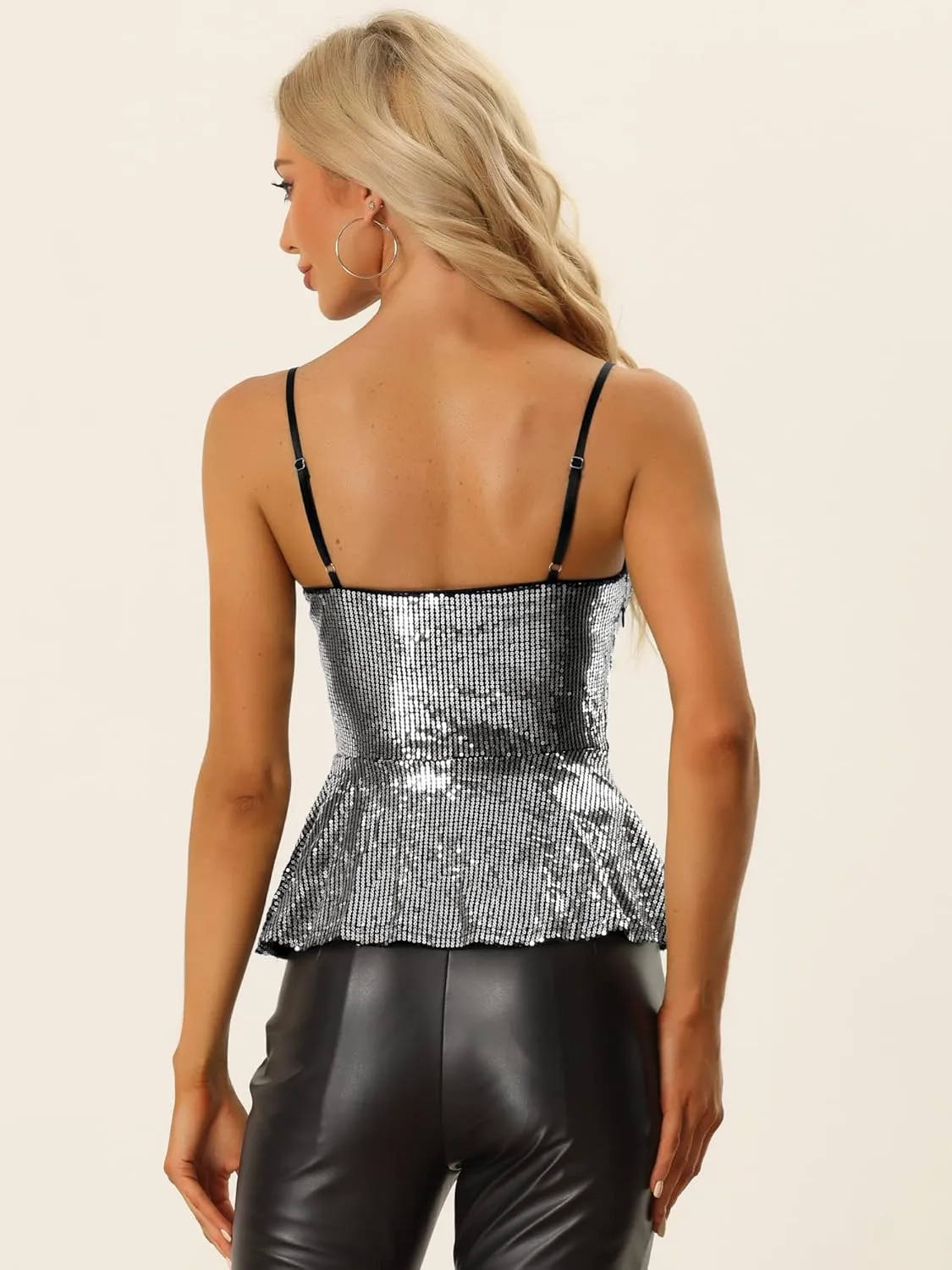 Allegra K Sequin Sparkle Tank Top for Women's V Neck Ruffle Camisole Sleeveless Peplum Tops