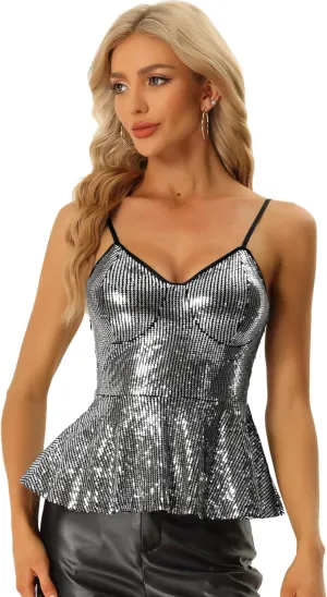 Allegra K Sequin Sparkle Tank Top for Women's V Neck Ruffle Camisole Sleeveless Peplum Tops