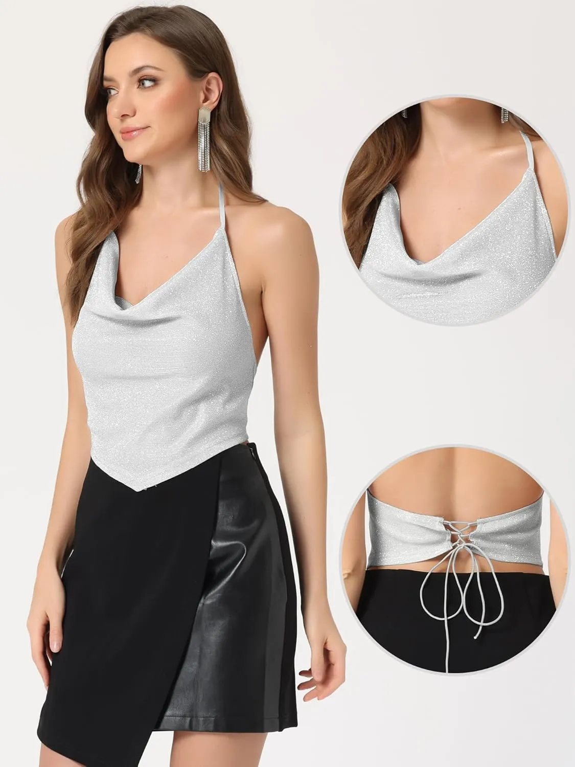 Allegra K Sparkly Metallic Camisole for Women's Party Cowl Neck Backless Glitter Halter Tops