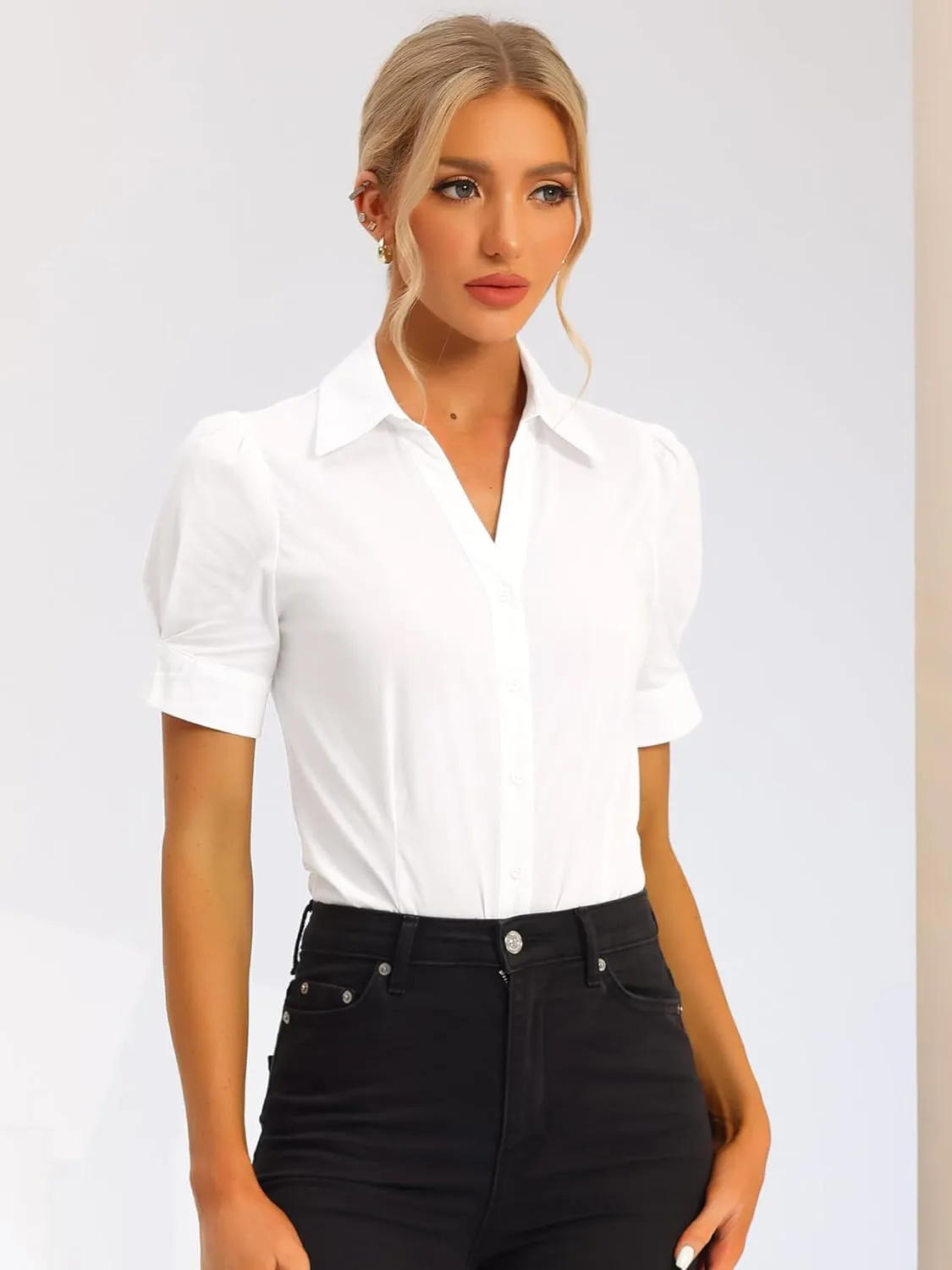 Allegra K Women's Button Down Leotard Shirt Short Sleeve Collared Business Work Bodysuit Tops