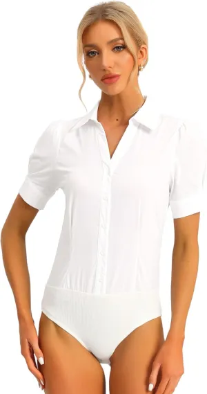 Allegra K Women's Button Down Leotard Shirt Short Sleeve Collared Business Work Bodysuit Tops