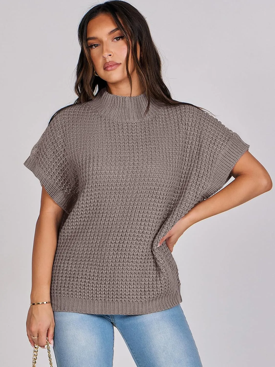 ANRABESS Womens Oversized Short Batwing Sleeve Sweater Mock Neck Casual 2024 Summer Fall Knit Sleeveless Pullover Vest Tops