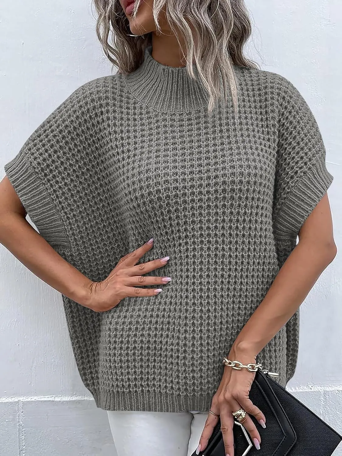 ANRABESS Womens Oversized Short Batwing Sleeve Sweater Mock Neck Casual 2024 Summer Fall Knit Sleeveless Pullover Vest Tops