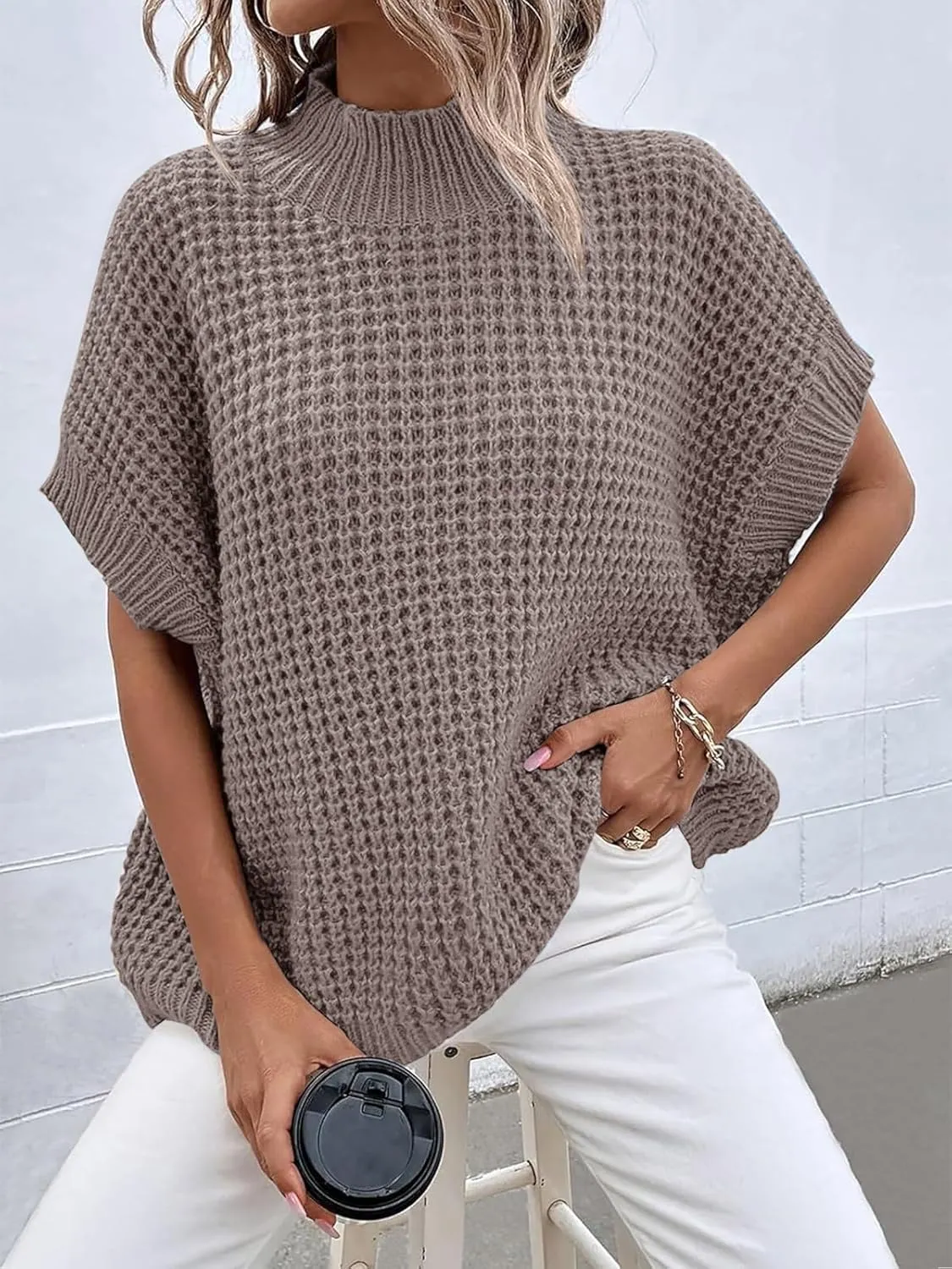 ANRABESS Womens Oversized Short Batwing Sleeve Sweater Mock Neck Casual 2024 Summer Fall Knit Sleeveless Pullover Vest Tops
