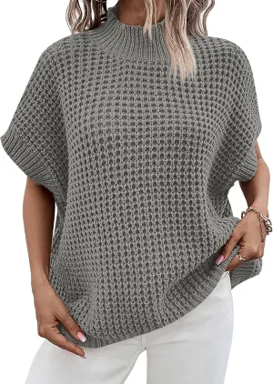 ANRABESS Womens Oversized Short Batwing Sleeve Sweater Mock Neck Casual 2024 Summer Fall Knit Sleeveless Pullover Vest Tops