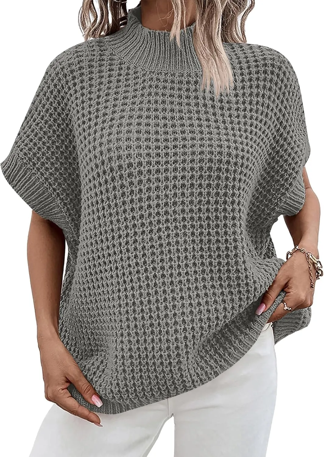 ANRABESS Womens Oversized Short Batwing Sleeve Sweater Mock Neck Casual 2024 Summer Fall Knit Sleeveless Pullover Vest Tops