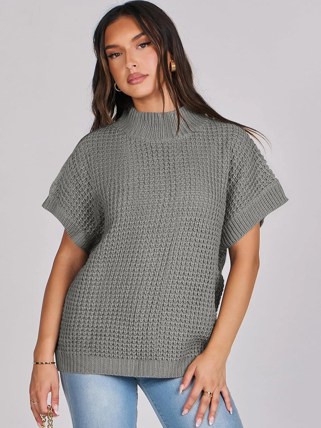 ANRABESS Womens Oversized Short Batwing Sleeve Sweater Mock Neck Casual 2024 Summer Fall Knit Sleeveless Pullover Vest Tops