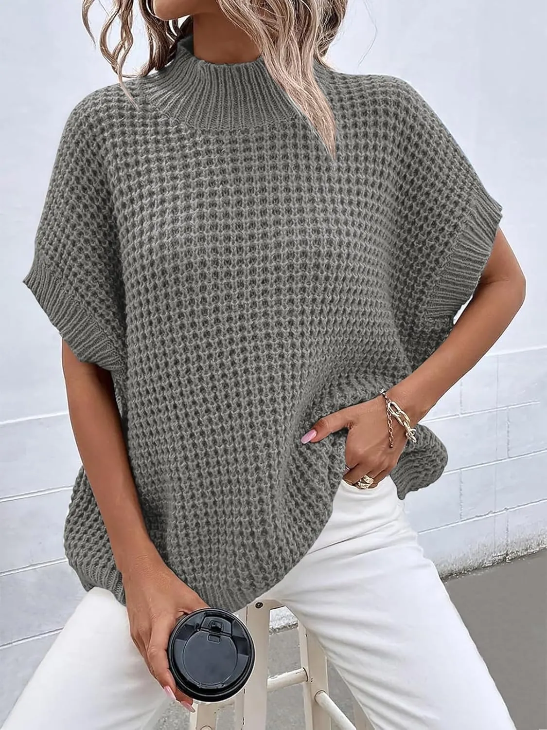 ANRABESS Womens Oversized Short Batwing Sleeve Sweater Mock Neck Casual 2024 Summer Fall Knit Sleeveless Pullover Vest Tops