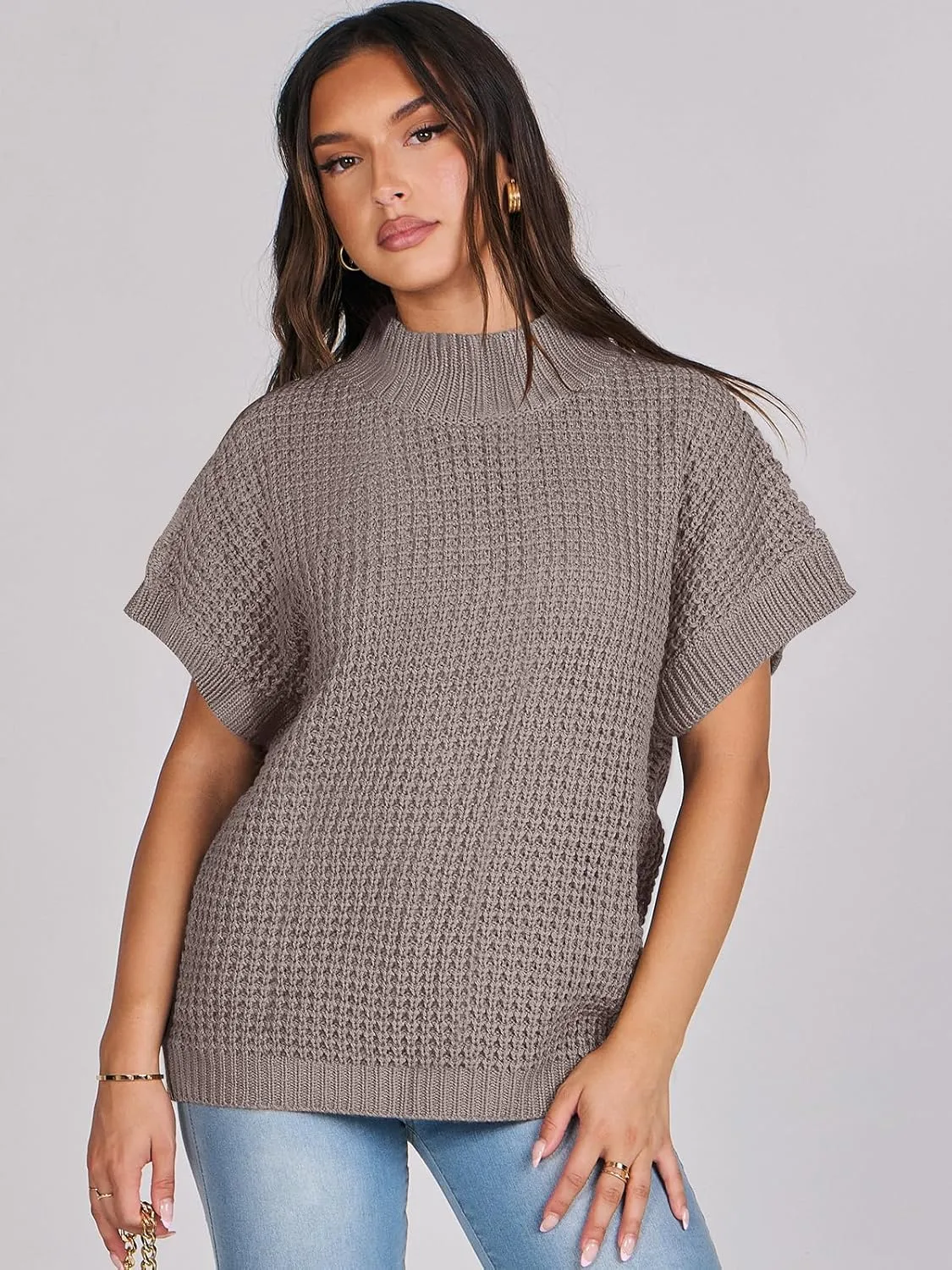 ANRABESS Womens Oversized Short Batwing Sleeve Sweater Mock Neck Casual 2024 Summer Fall Knit Sleeveless Pullover Vest Tops