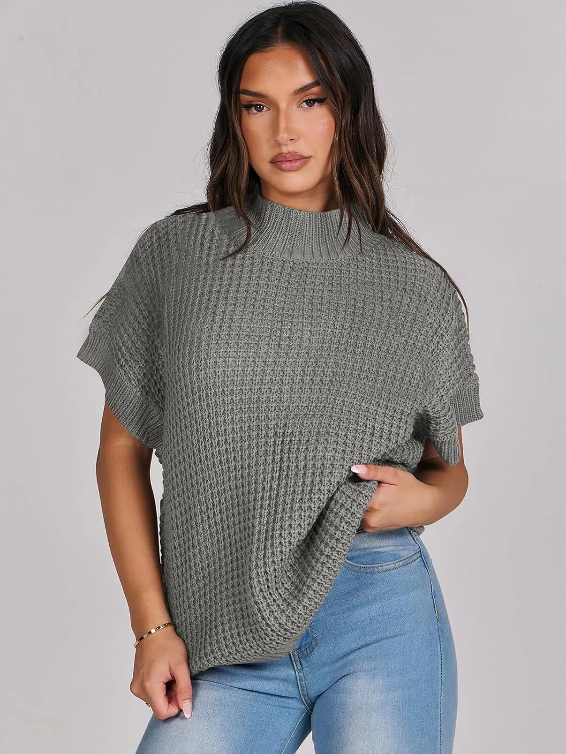 ANRABESS Womens Oversized Short Batwing Sleeve Sweater Mock Neck Casual 2024 Summer Fall Knit Sleeveless Pullover Vest Tops