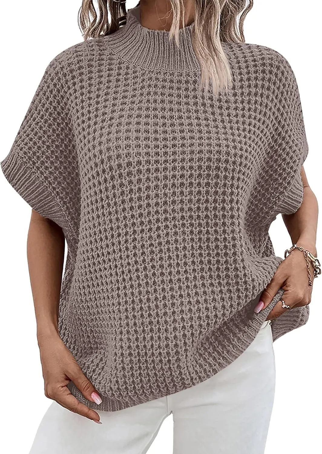 ANRABESS Womens Oversized Short Batwing Sleeve Sweater Mock Neck Casual 2024 Summer Fall Knit Sleeveless Pullover Vest Tops