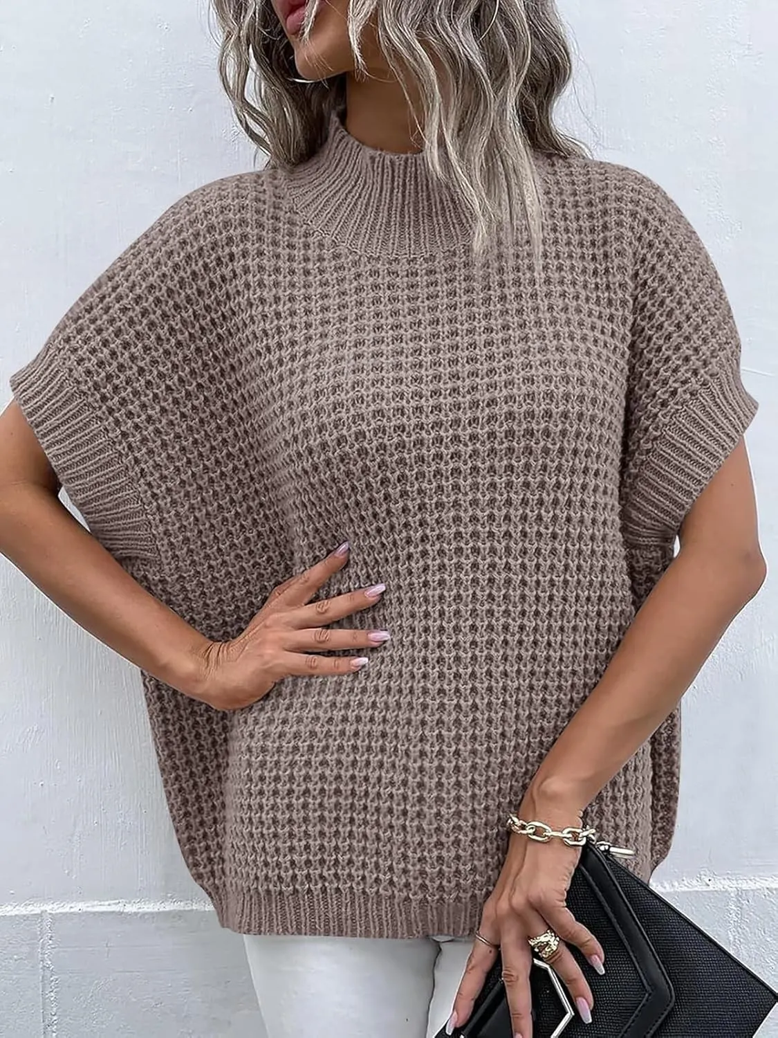 ANRABESS Womens Oversized Short Batwing Sleeve Sweater Mock Neck Casual 2024 Summer Fall Knit Sleeveless Pullover Vest Tops