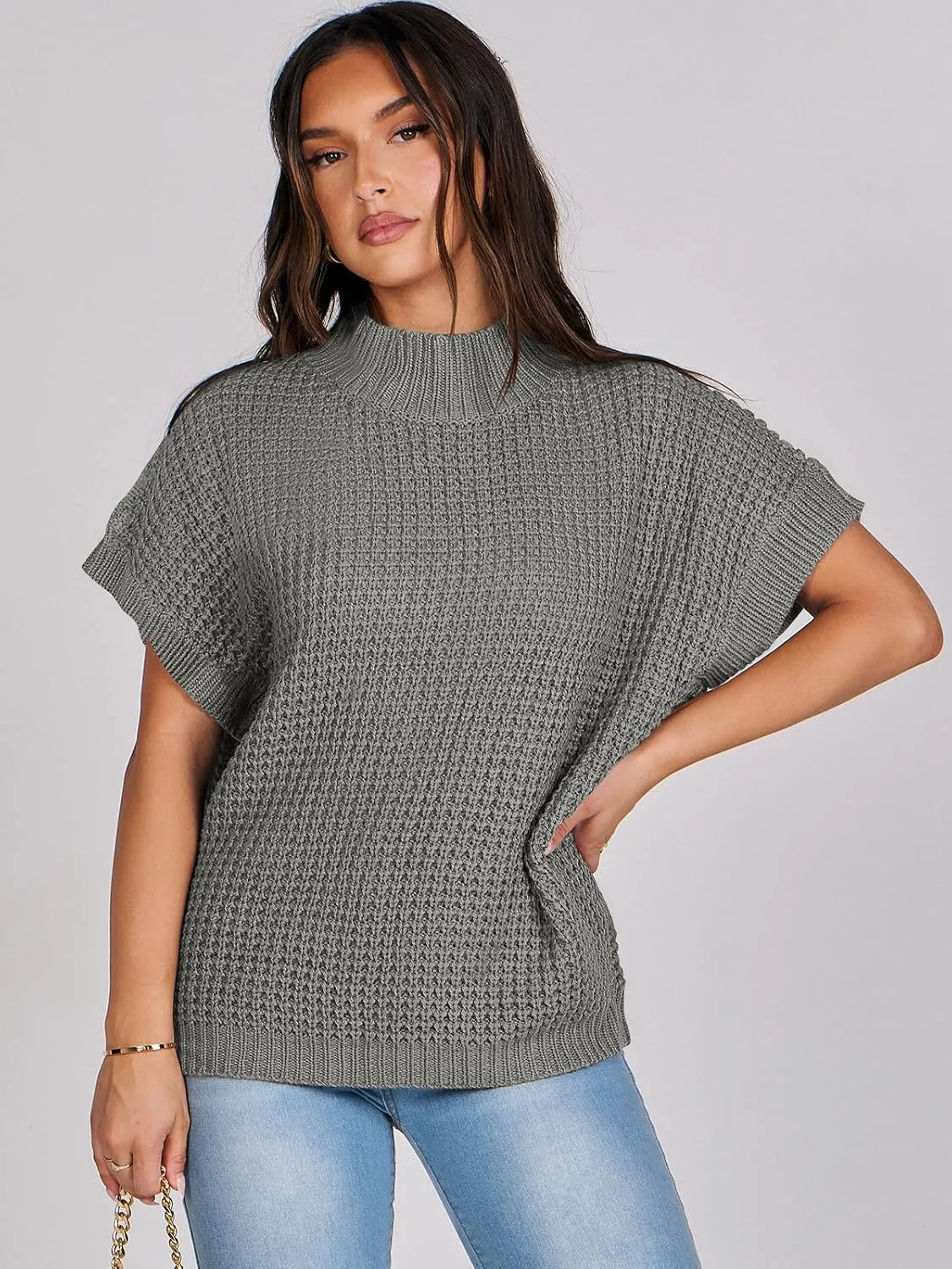 ANRABESS Womens Oversized Short Batwing Sleeve Sweater Mock Neck Casual 2024 Summer Fall Knit Sleeveless Pullover Vest Tops