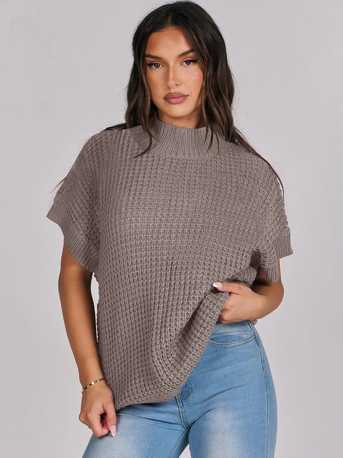 ANRABESS Womens Oversized Short Batwing Sleeve Sweater Mock Neck Casual 2024 Summer Fall Knit Sleeveless Pullover Vest Tops