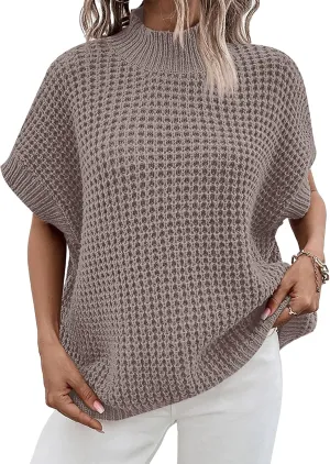 ANRABESS Womens Oversized Short Batwing Sleeve Sweater Mock Neck Casual 2024 Summer Fall Knit Sleeveless Pullover Vest Tops