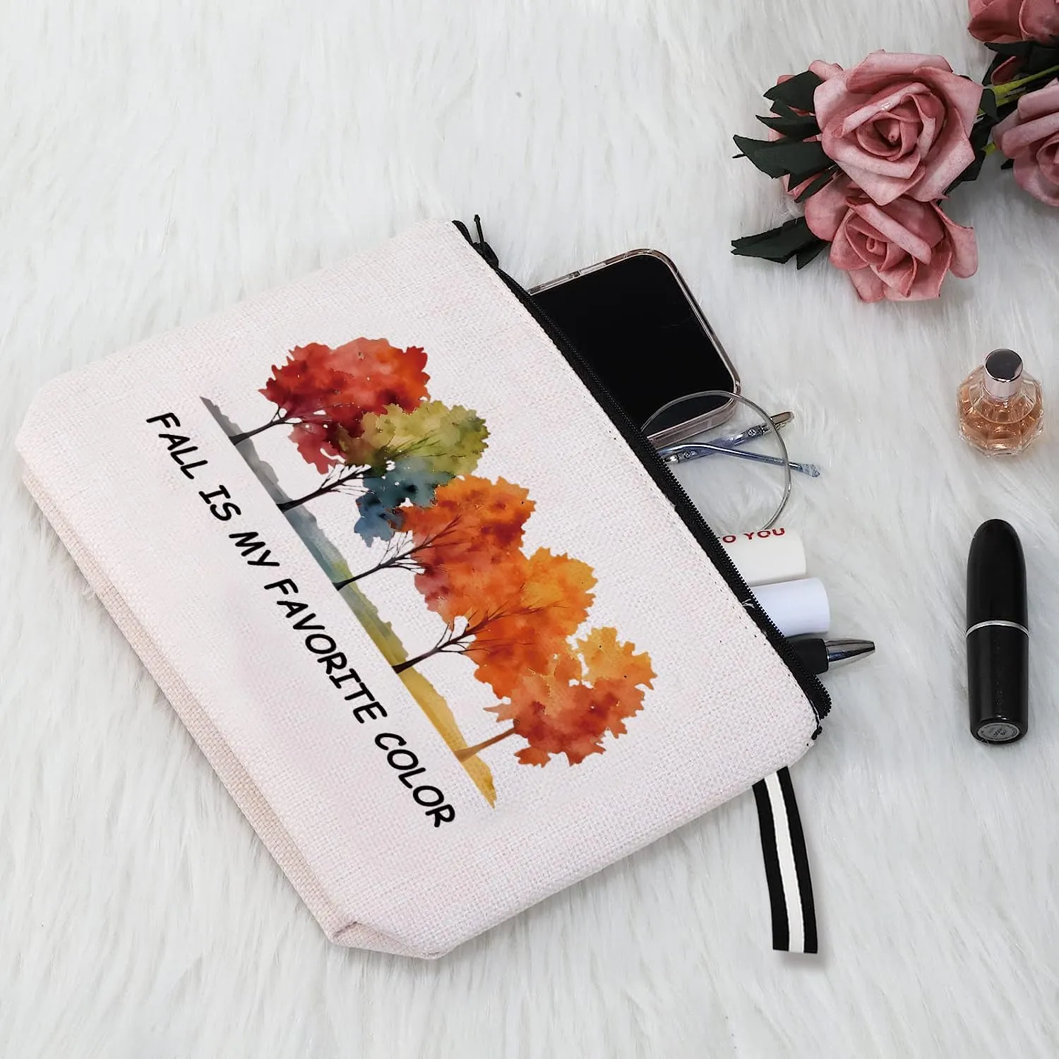 Autumn-Inspired Cotton-Linen Portable Cosmetic Bag with Waterproof Surface - Fall is My Favorite Color Autumn Themed Makeup Bag for Her