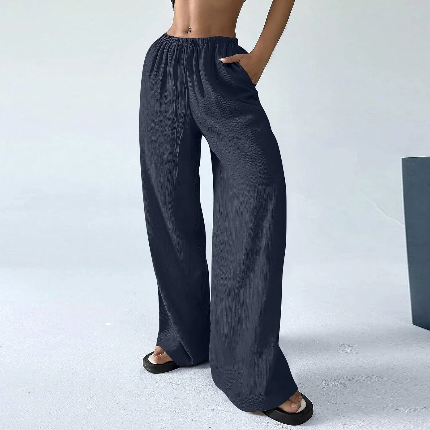 Baggy Wide Leg Linen Pants for Women Plus Size Elastic Waist Pants Textured Summer Beach Palazzo Pants with Pockets