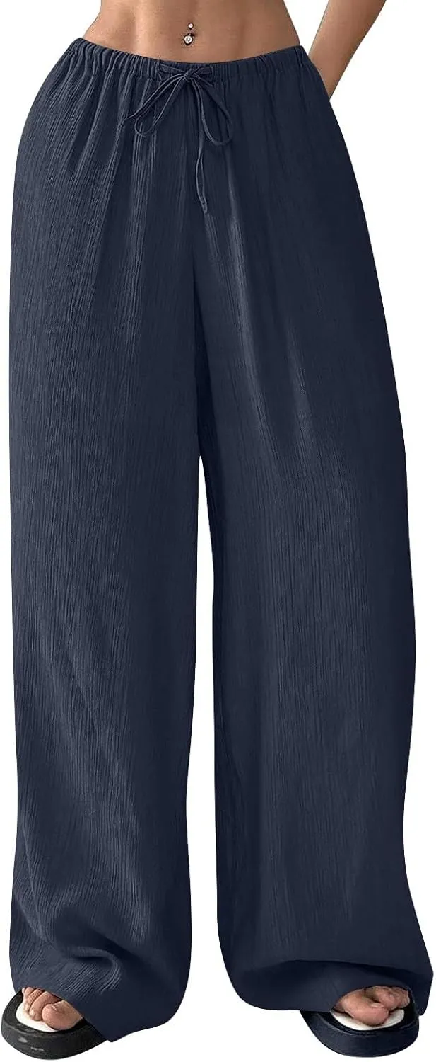 Baggy Wide Leg Linen Pants for Women Plus Size Elastic Waist Pants Textured Summer Beach Palazzo Pants with Pockets