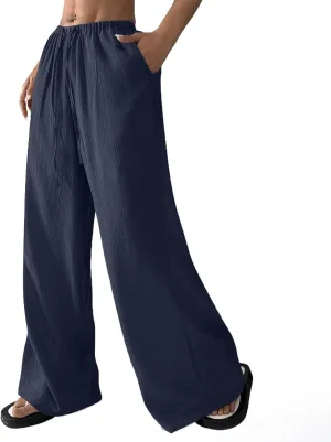 Baggy Wide Leg Linen Pants for Women Plus Size Elastic Waist Pants Textured Summer Beach Palazzo Pants with Pockets