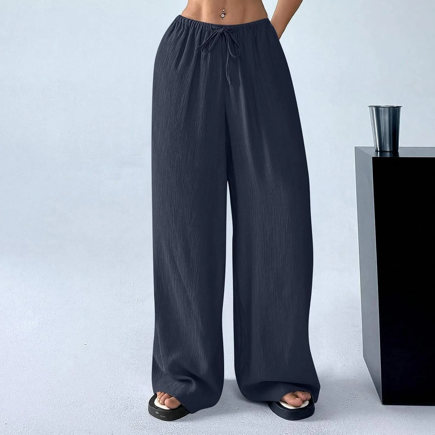 Baggy Wide Leg Linen Pants for Women Plus Size Elastic Waist Pants Textured Summer Beach Palazzo Pants with Pockets