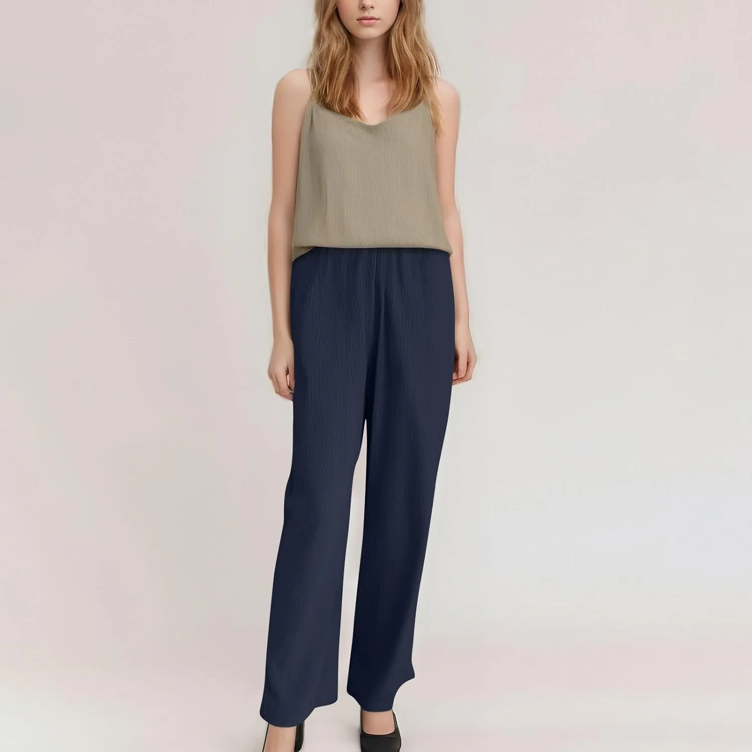 Baggy Wide Leg Linen Pants for Women Plus Size Elastic Waist Pants Textured Summer Beach Palazzo Pants with Pockets
