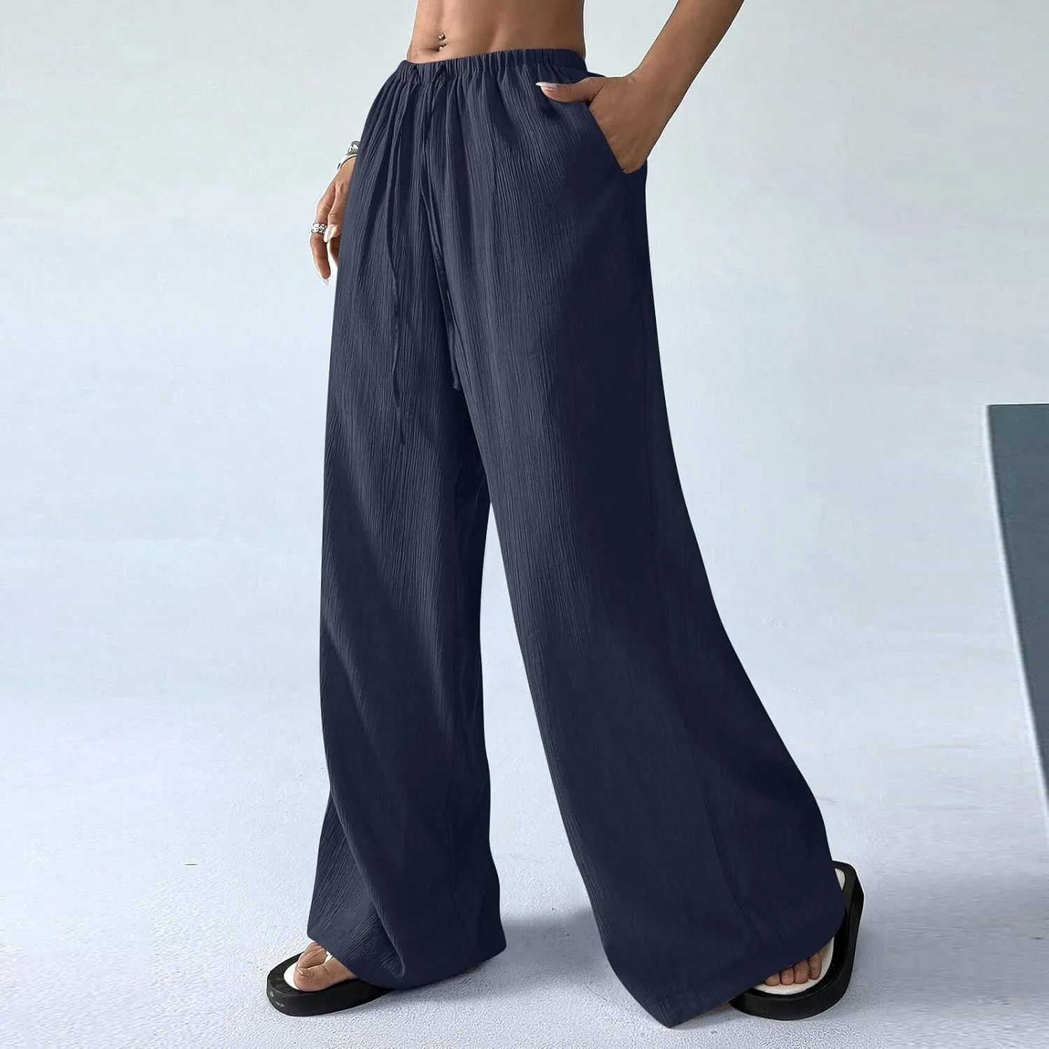 Baggy Wide Leg Linen Pants for Women Plus Size Elastic Waist Pants Textured Summer Beach Palazzo Pants with Pockets