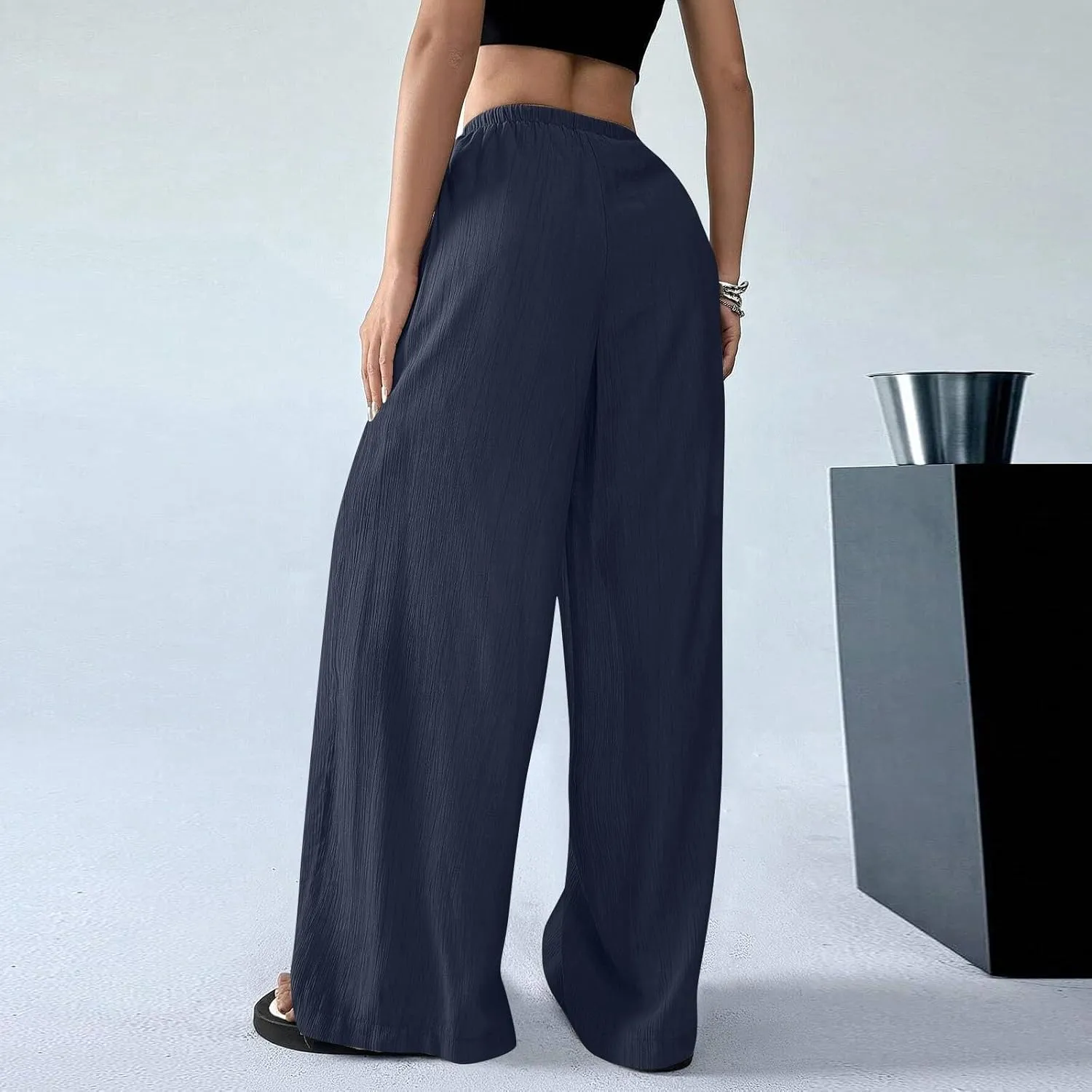 Baggy Wide Leg Linen Pants for Women Plus Size Elastic Waist Pants Textured Summer Beach Palazzo Pants with Pockets