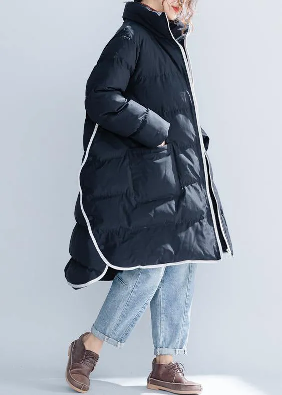 black cotton jacket trendy plus size stand collar zippered Warm pockets thick winter cotton coats