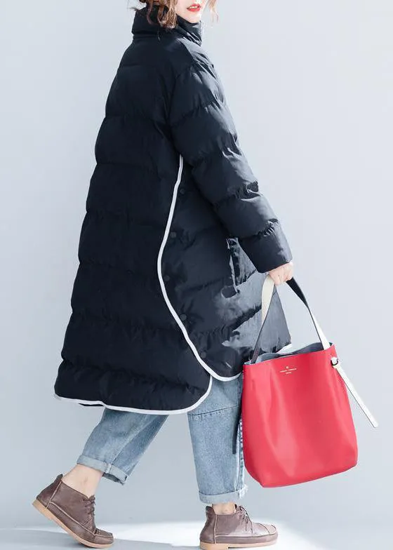 black cotton jacket trendy plus size stand collar zippered Warm pockets thick winter cotton coats